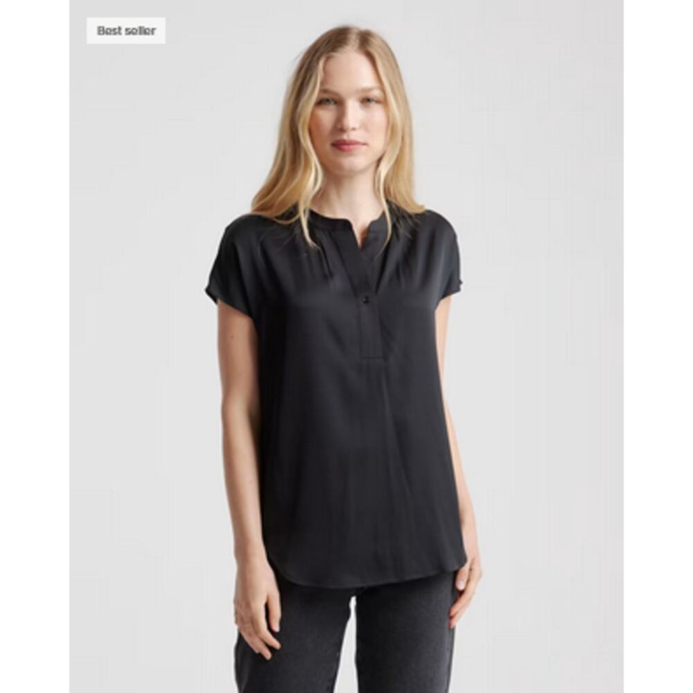 Quince Black Short-Sleeve Split-Neck Blouse
